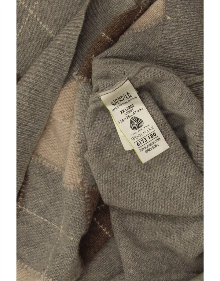 Marks & Spencer Mens V-Neck Jumper Sweater 2XL Grey Argyle/Diamond