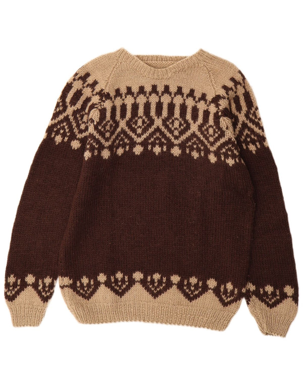 Vintage Mens Boat Neck Jumper Sweater Medium Brown Fair Isle
