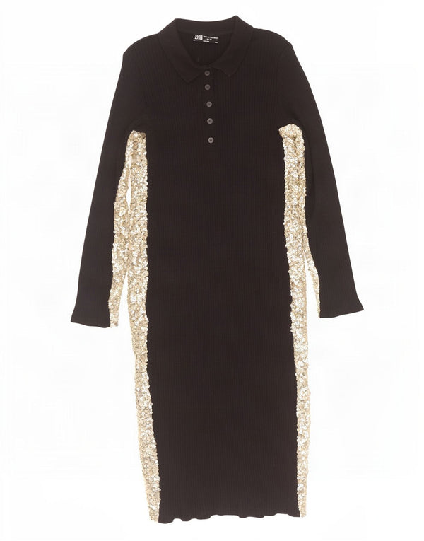 Zara Damen Langarm-Polokleid UK 14 Large Schwarz Colourblock