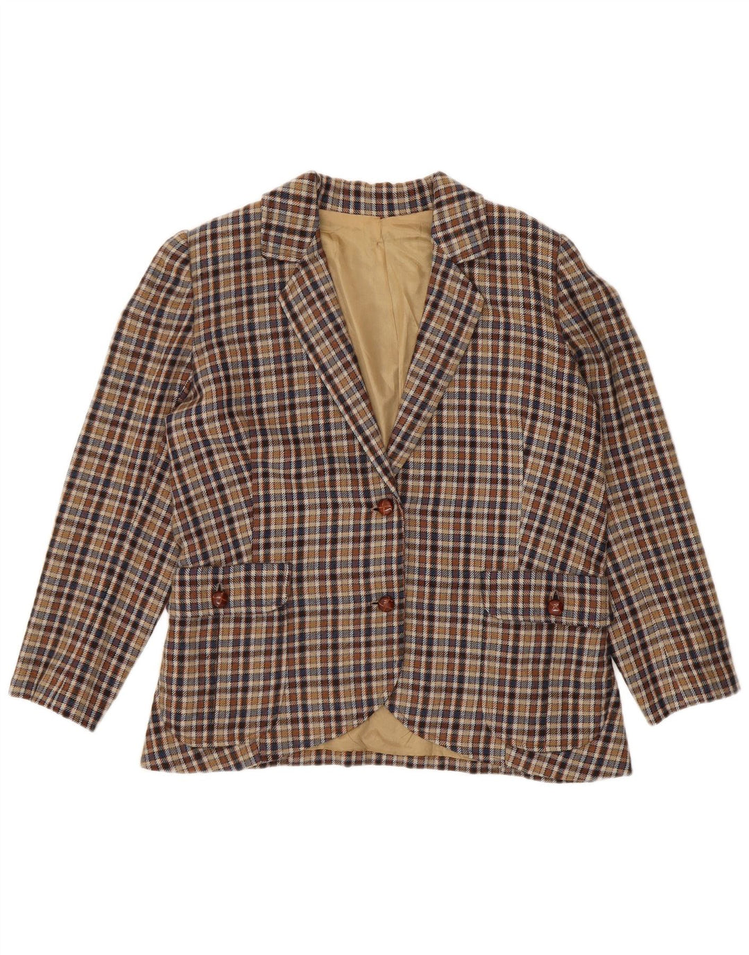 Vintage Damen 2-Knopf-Blazerjacke UK 14 Mittelbeige kariert