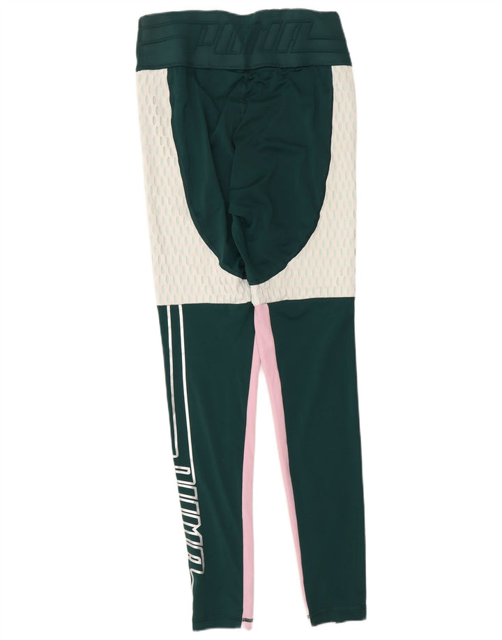 PUMA Womens Graphic Leggings UK 12 Medium Green Colourblock