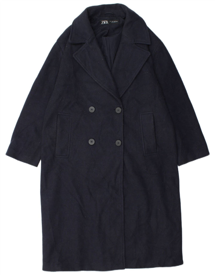 Zara Mens Double Breasted Coat UK 36 Small Navy Blue Polyester