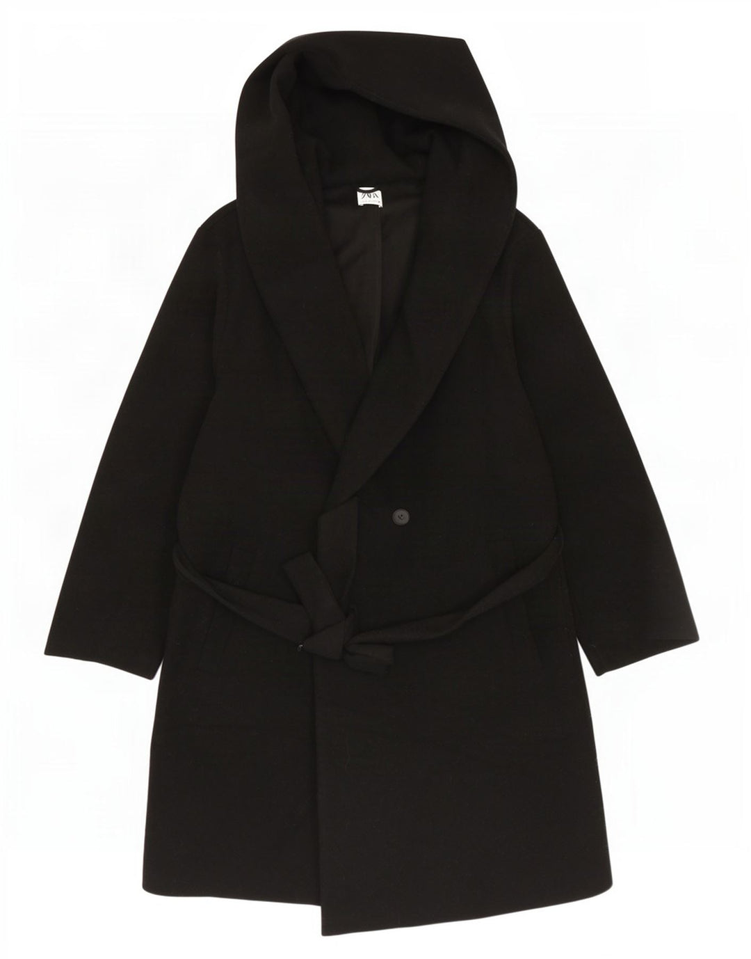Zara Damen Kapuzen-Zweireihermantel UK 18 XL Schwarz Polyester