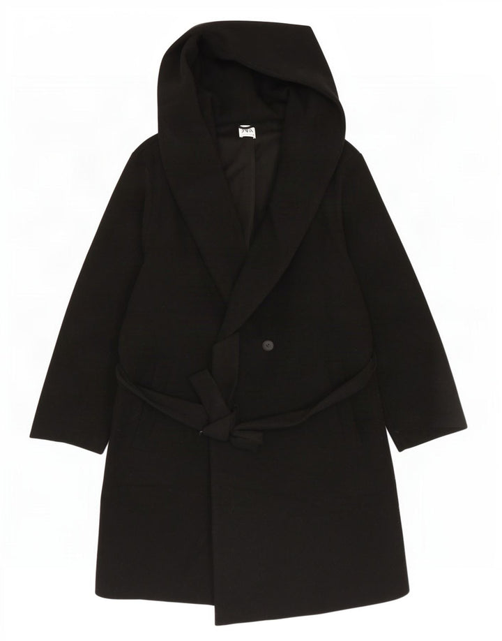 Zara Damen Kapuzen-Zweireihermantel UK 18 XL Schwarz Polyester