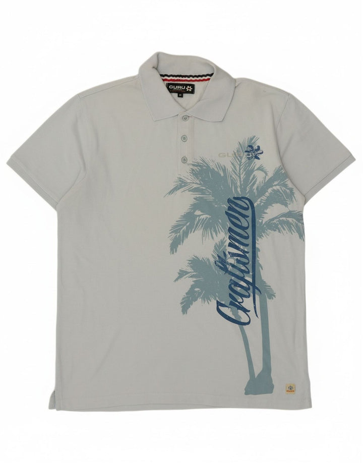GURU Mens Graphic Polo Shirt Medium Blue Cotton