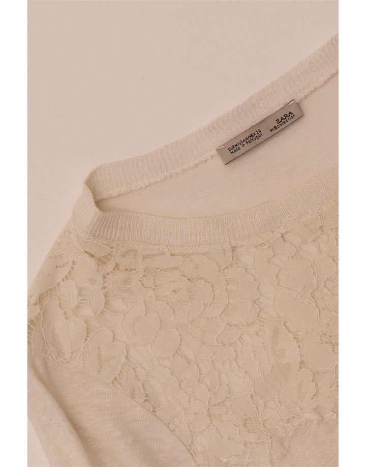 Zara Womens Top Long Sleeve UK 12 Medium Off White Floral