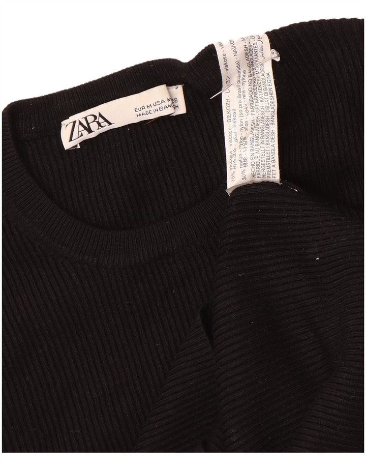 Zara Womens Crop Top 3/4 Sleeve UK 12 Medium Black Viscose