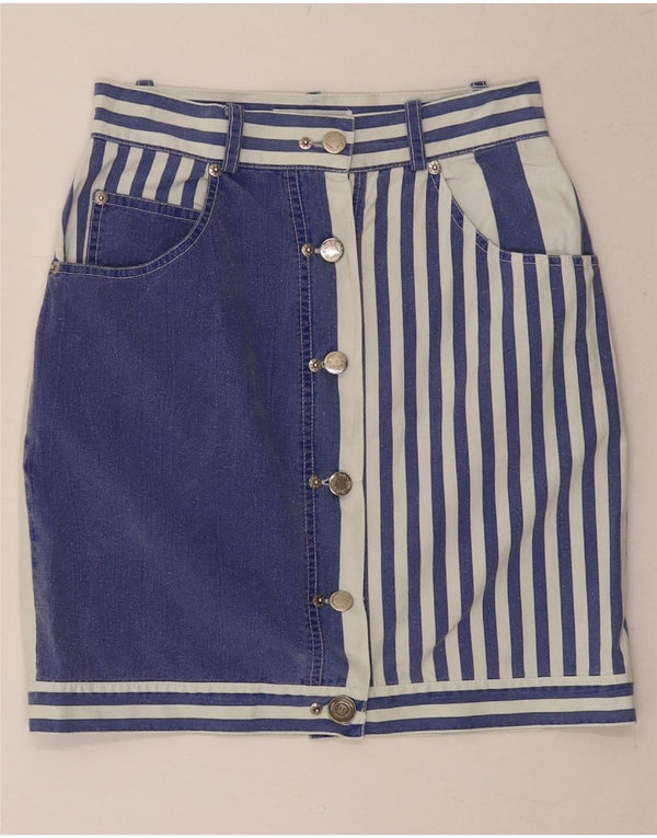 Vintage Kvinders Mini Pencil Skirt UK 8 Small W26 Marineblå Stribet Bomuld