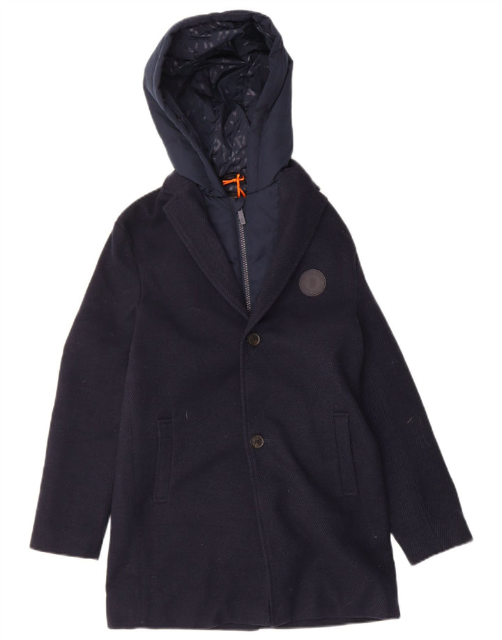 TED BAKER Boys Hooded Overcoat 9-10 Years Navy Blue Polyester