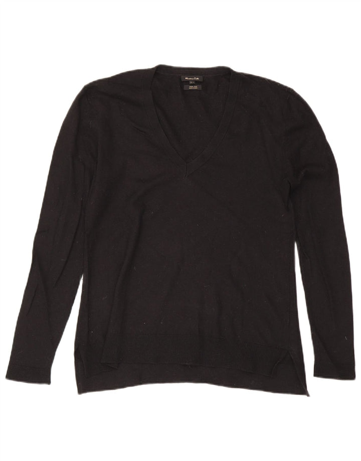 Massimo Dutti Womens V-Neck Jumper Sweater UK 14 Large Black Wool