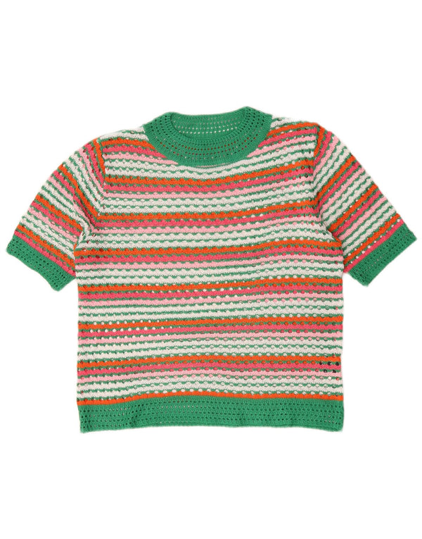 Maglione maglione girocollo da donna vintage UK 16 grandi righe multicolori