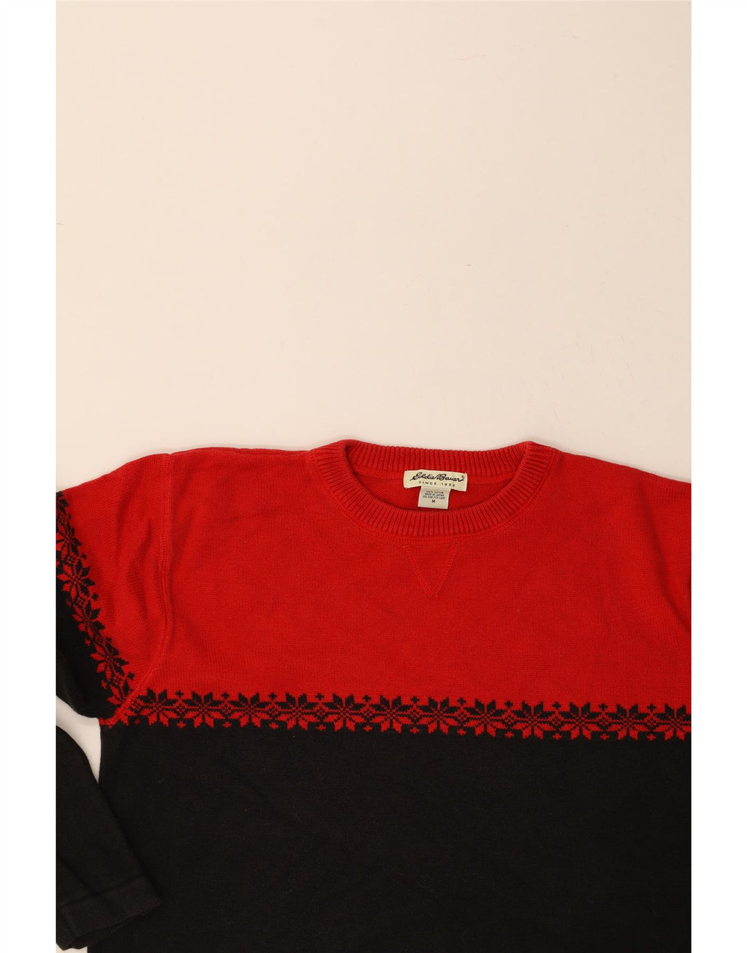 EDDIE BAUER Mens Crew Neck Jumper Sweater Medium Red Fair Isle Cotton Vintage Eddie Bauer and Second-Hand Eddie Bauer from Messina Hembry 
