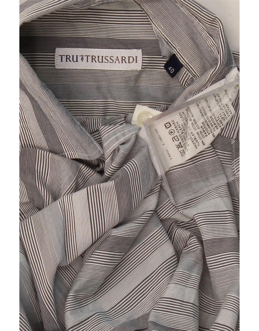 TRUSSARDI Mens Short Sleeve Shirt Size 40 Medium Grey Striped Cotton Vintage Trussardi and Second-Hand Trussardi from Messina Hembry 