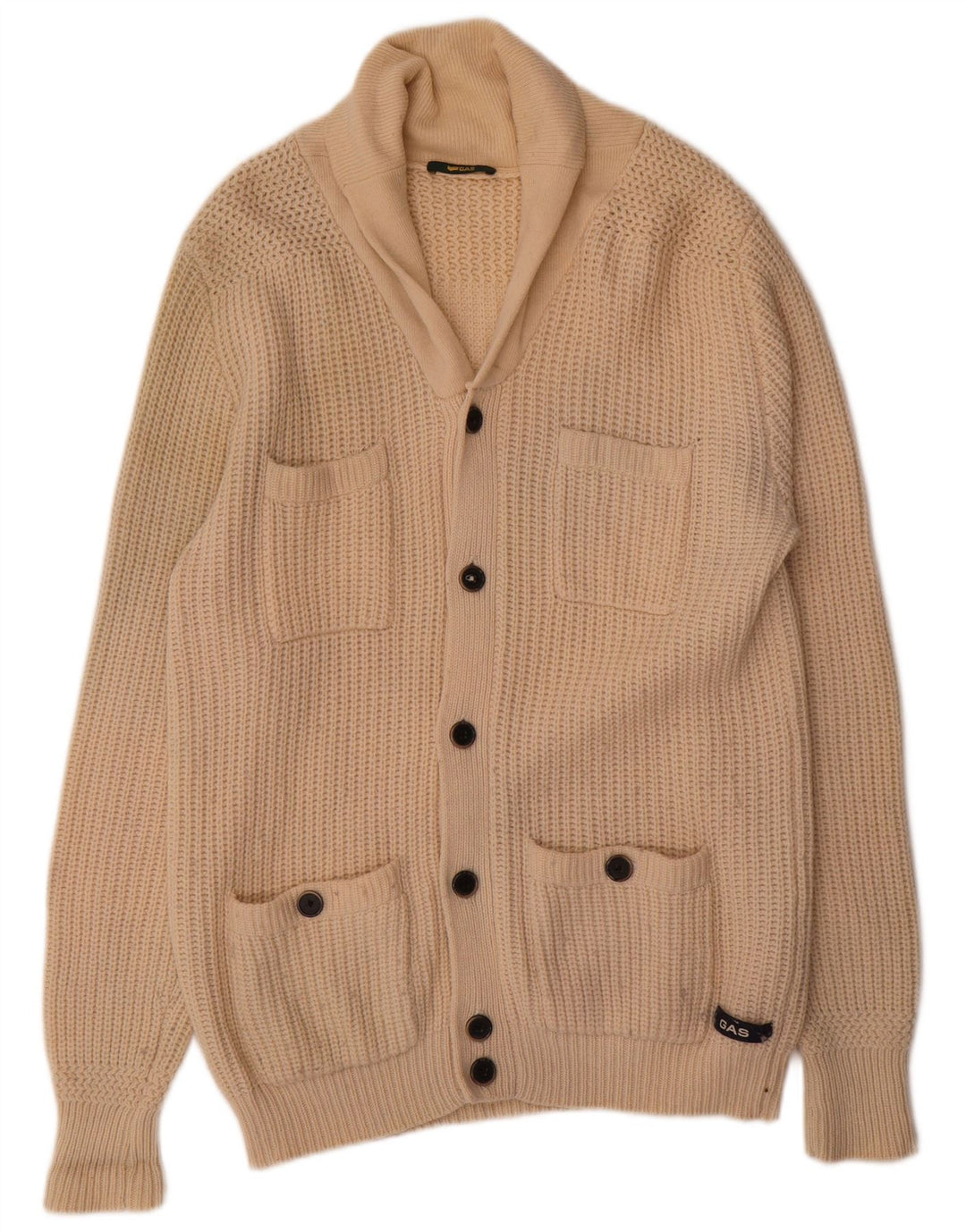 Gas Mens Cardigan Sweater XL Beige Wool