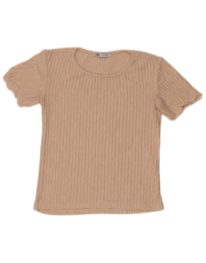 Zara Femme Chemisier Top UK 10 Petit Polyester Rayé Beige