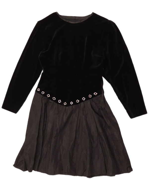 Vintage Damen Langarm A-Linie Kleid UK 14 Medium Schwarz