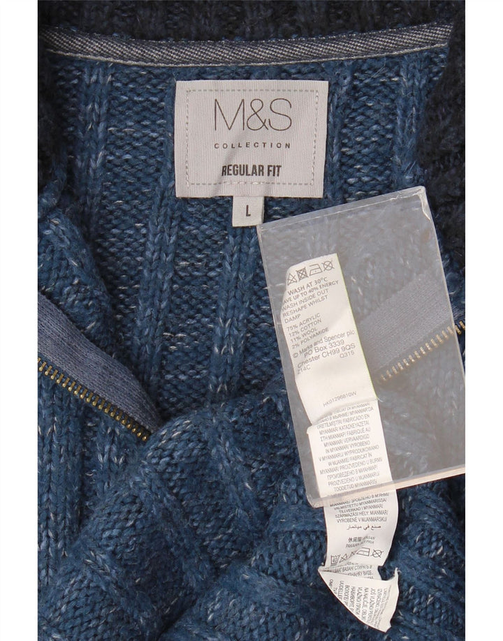 MARKS & SPENCER Mens Zip Neck Jumper Sweater Large Blue Flecked