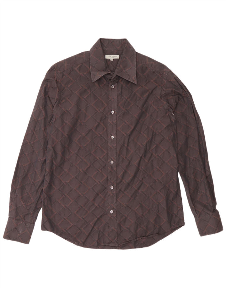 Ted Baker Herrenhemd Größe 15 1/2 mittelbraune geometrische Baumwolle