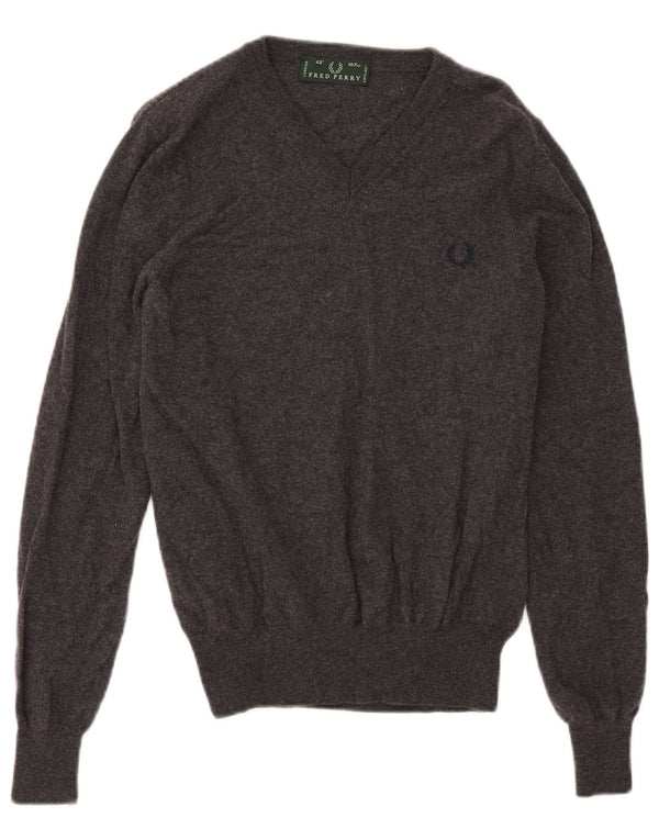 Fred Perry Mens V-Neck Jumper Sweater Medium Grey Wool