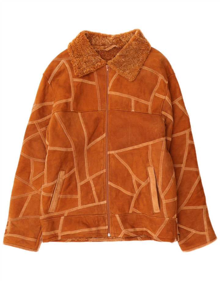 Giacca vintage in shearling da donna UK 14 Marrone medio geometrico