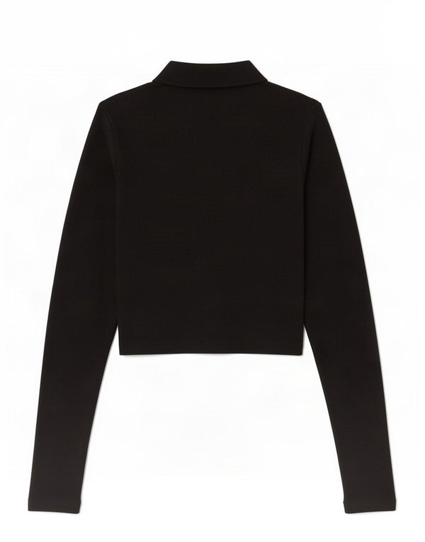 Zara Womens Crop Long Sleeve Polo Shirt UK 12 Medium Black