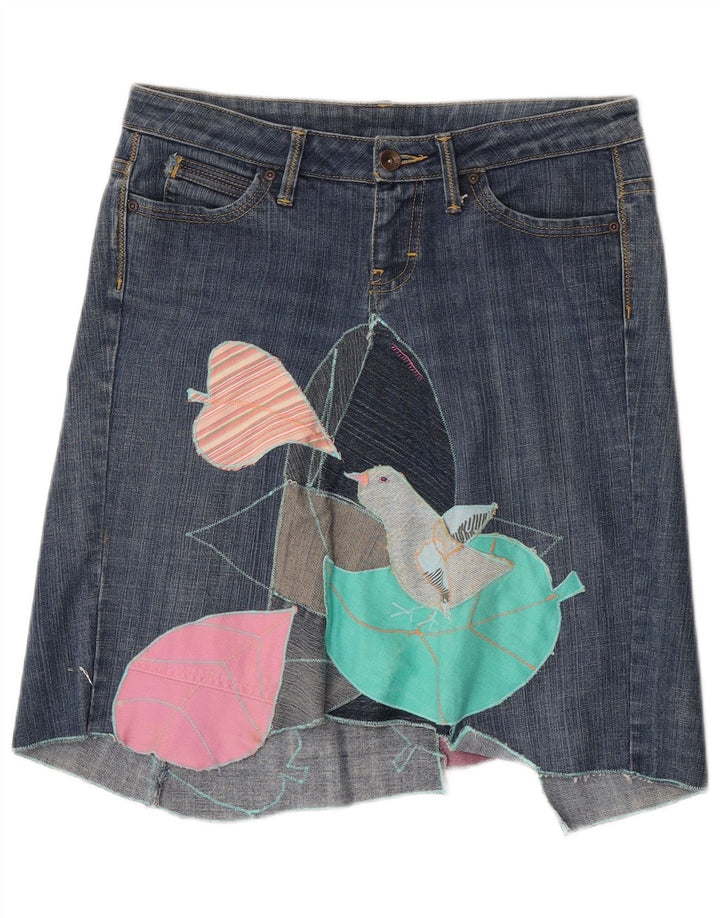 Mango Womens Asymmetric Graphic Denim Skirt EU 40 Medium W30  Blue Cotton