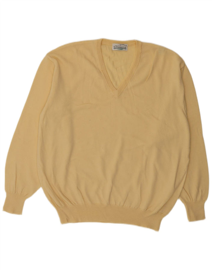 Supermaglia Mens V-Neck Jumper Sweater Medium Yellow Wool