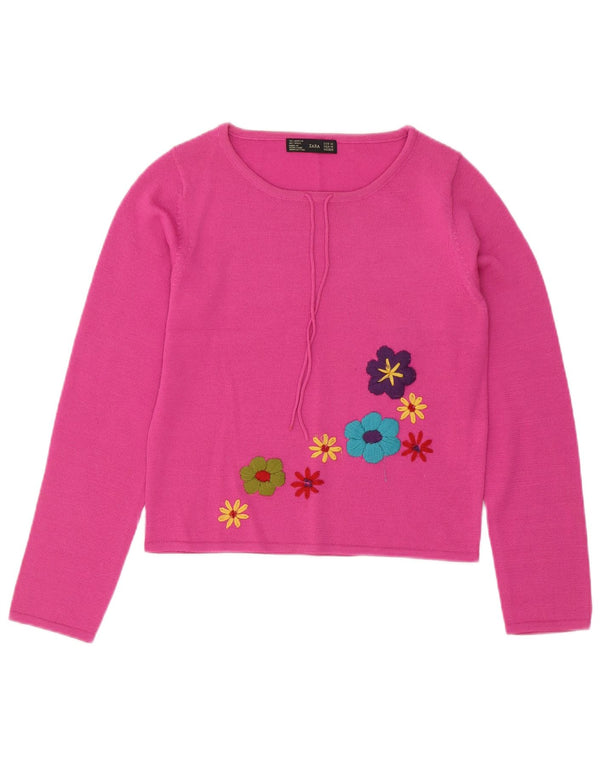 Zara Womens Crop Boat Neck Jumper Sweater UK 12 Medium Pink Floral Acryl