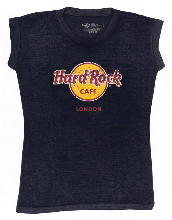 T-shirt grafica da donna Hard Rock Cafe London UK 6 XS blu navy chiazzato