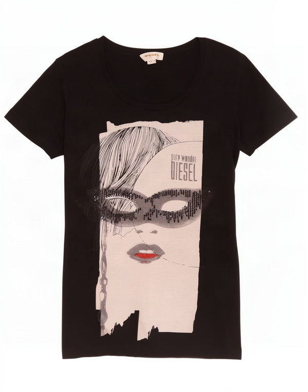 Diesel Womens Graphic T-Shirt Top UK 10 Small Schwarz