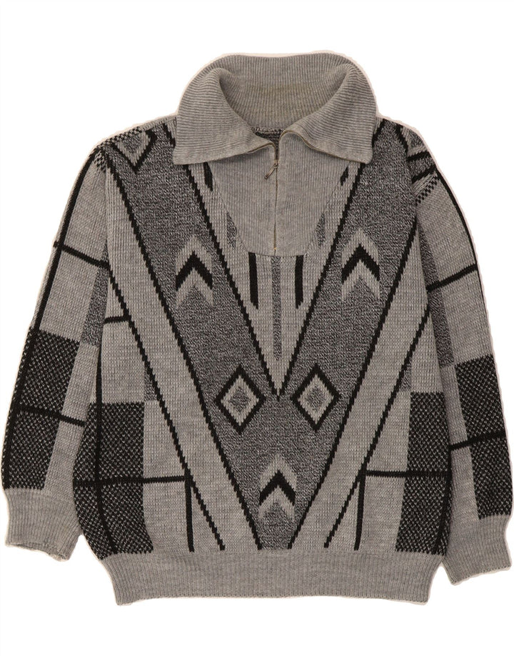VINTAGE Mens Zip Neck Jumper Sweater Medium Grey Geometric Vintage Vintage and Second-Hand Vintage from Messina Hembry 