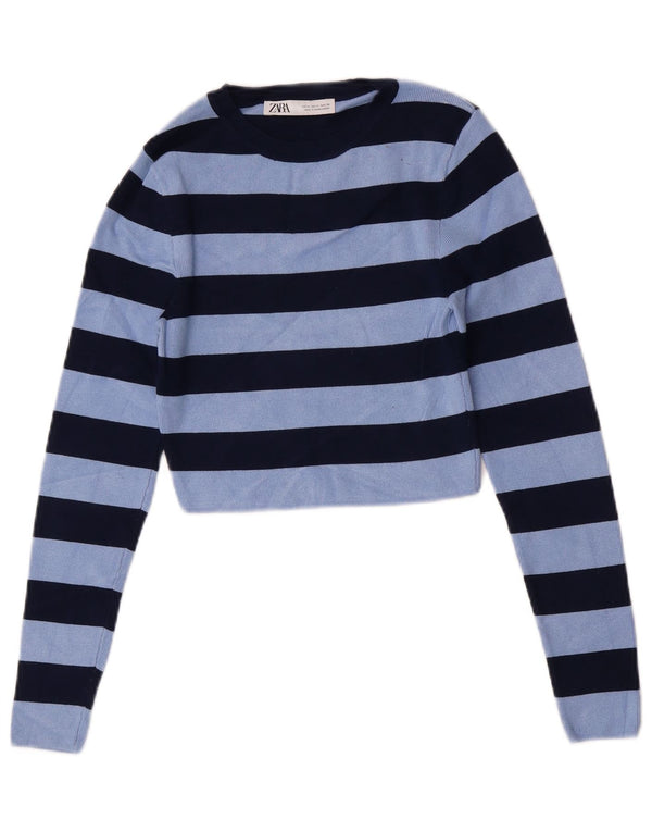 Zara Womens Crop Blouse Top UK 12 Medium Blue Striped Viscose