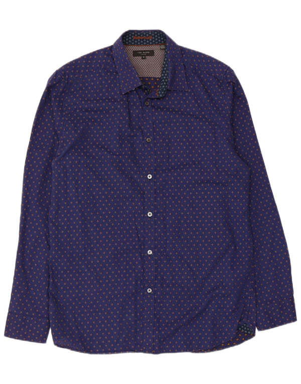 Ted Baker Mens Shirt Size 4 Large Navy Blue Spotted Cotton