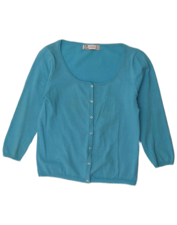 Zara Womens 3/4 Sleeve Crop Cardigan Sweater UK 12 Medium Blue