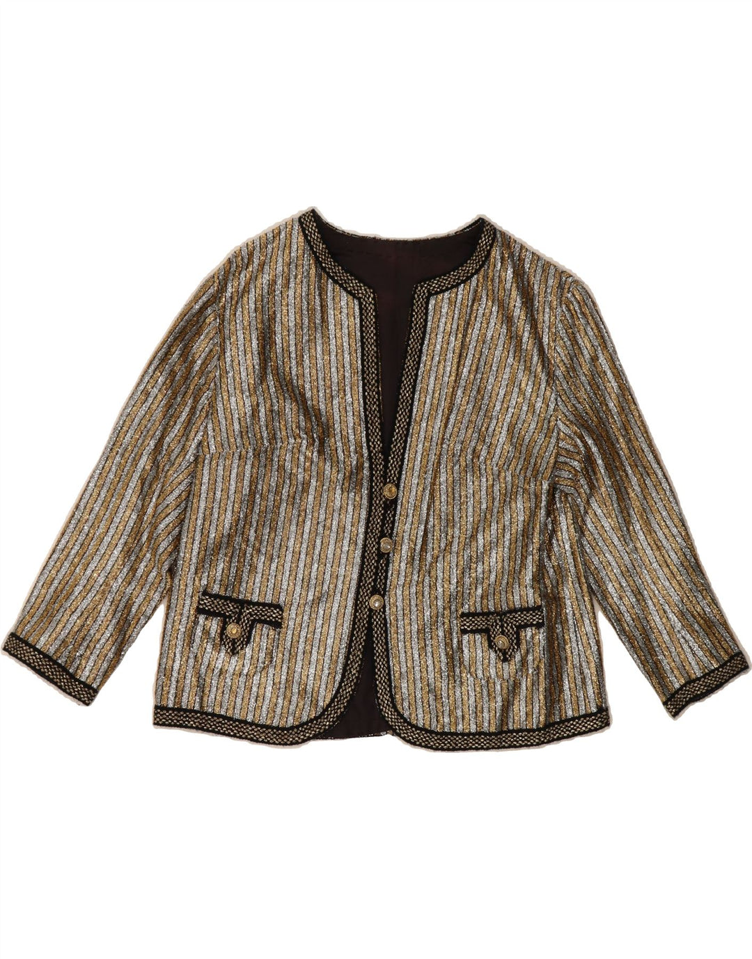 VINTAGE Womens 3 Button 3/4 Sleeve Blazer Jacket UK 14 Medium Gold Striped Vintage Vintage and Second-Hand Vintage from Messina Hembry 