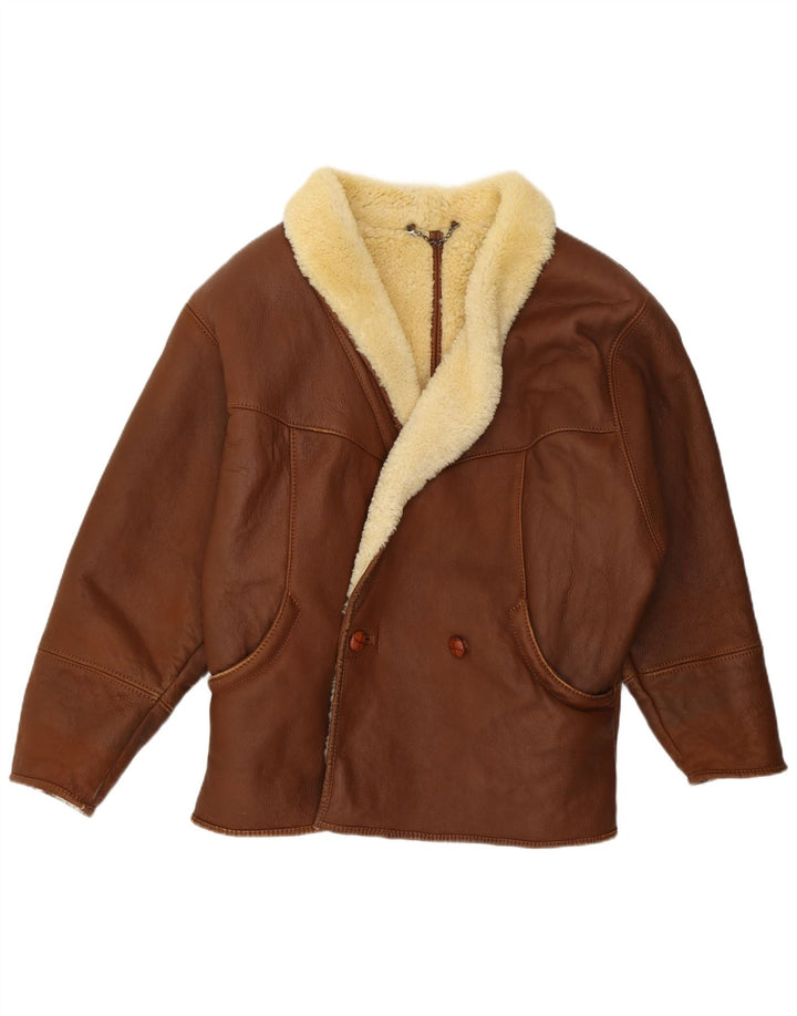 Vintage Mens Loose Fit Shearling Jacket IT 46 Small Brown Leather