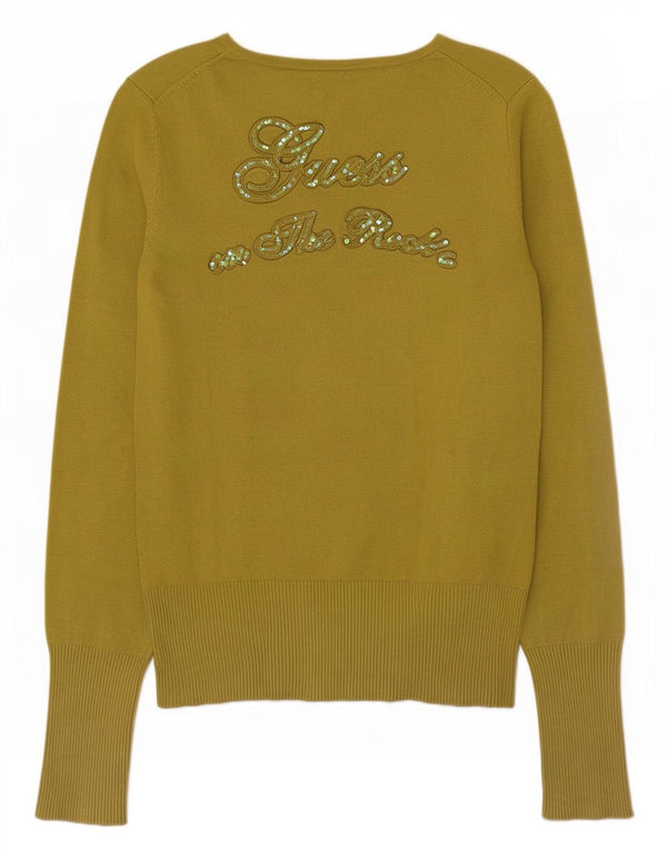 Guess Womens Graphic V-Neck Jumper Sweater UK 16 Medium Green Viscose