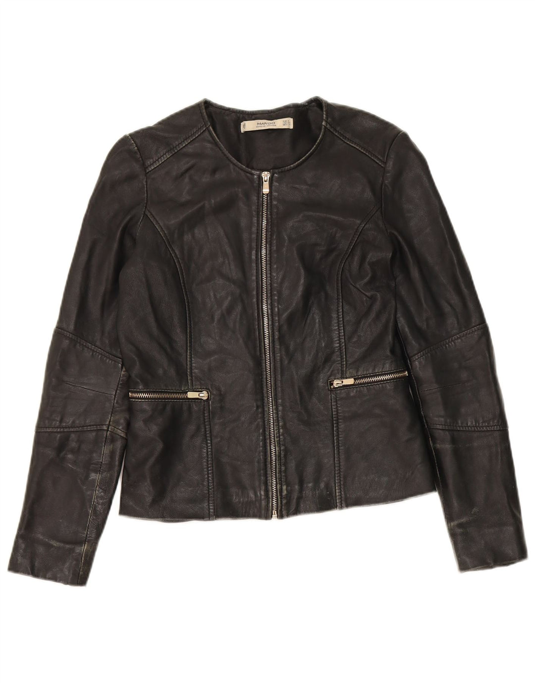 Mango Veste en cuir courte pour femme UK 10 Small Noir