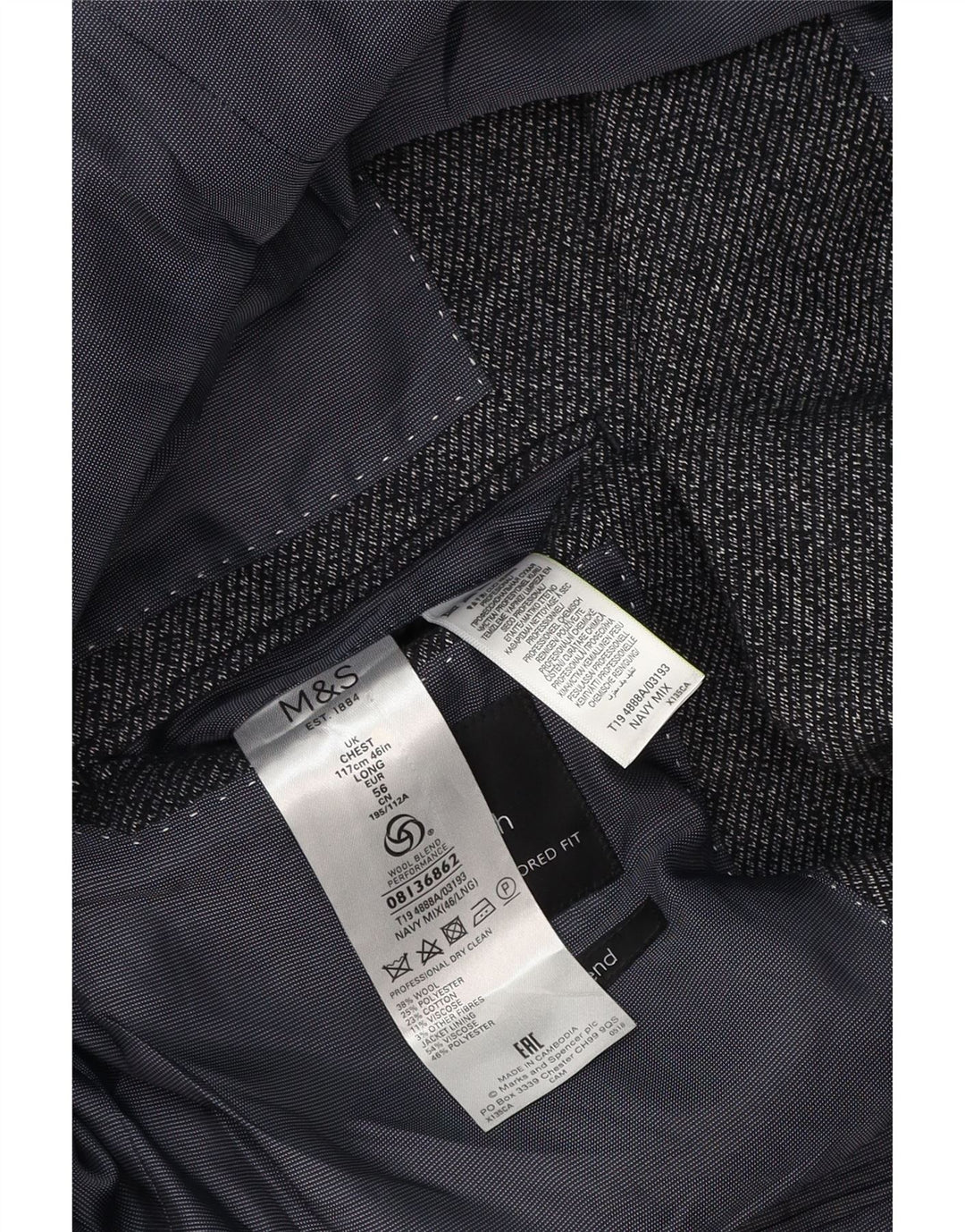 Marks & Spencer Mens 2 Button Blazer Jacket UK 46 XL Navy Blue Wool