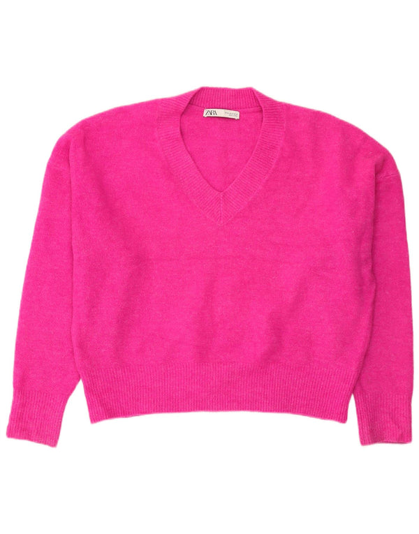 Zara Womens Oversized V-Neck Jumper Sweater UK 14 Medium Pink Acrylic