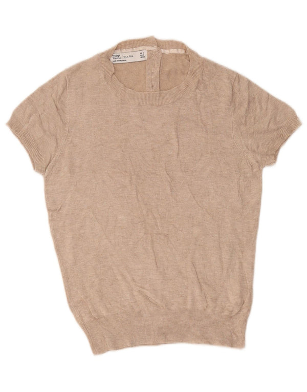 Zara Dame Kortærmet Boat Neck Jumper Sweater UK 10 Small Beige Viscose
