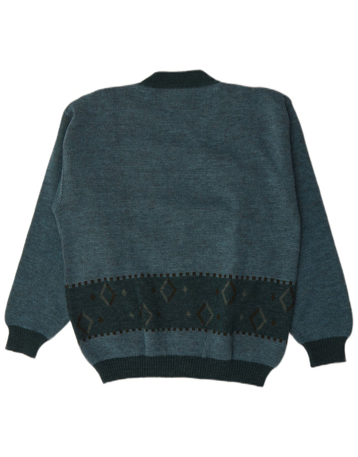 vintage Mens Cardigan Pull Moyen Turquoise Argyle/Diamond Laine