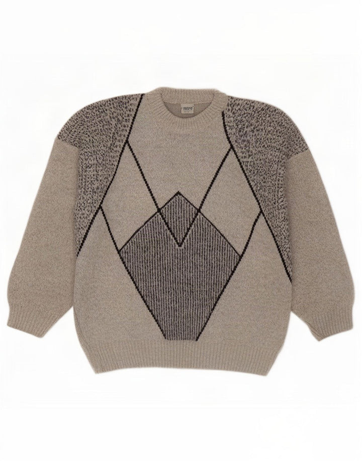 vintage Mens Crew Neck Jumper Pull Grande laine géométrique grise
