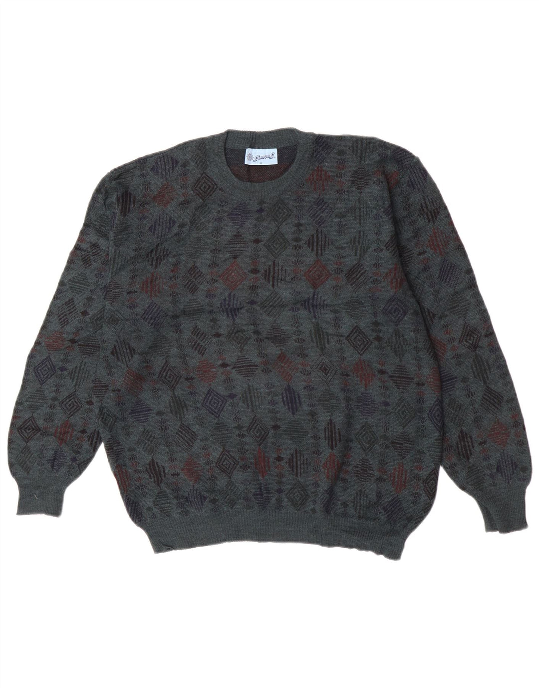 Vintage Mens Crew Neck Jumper Sweater Medium Blue Geometric Virgin Wool