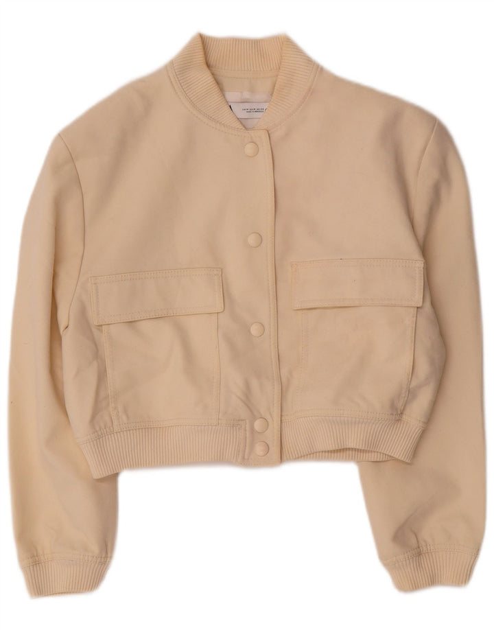 Zara Womens Crop Bomber Jacket UK 14 Medium Beige Viscose