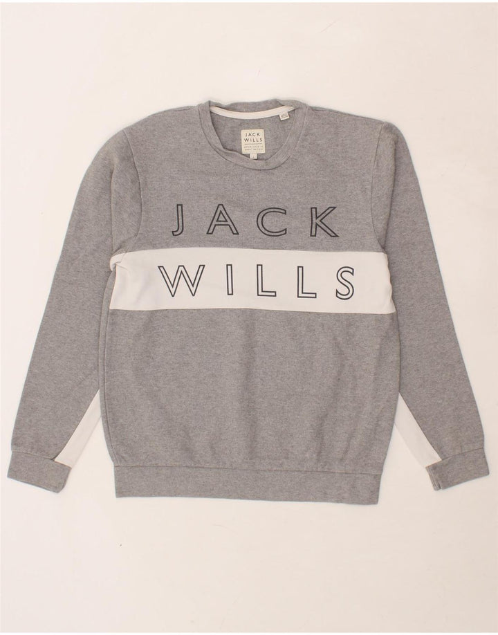 JACK WILLS Mens Graphic Sweatshirt Jumper Small Grey Colourblock Cotton Vintage Jack Wills and Second-Hand Jack Wills from Messina Hembry 