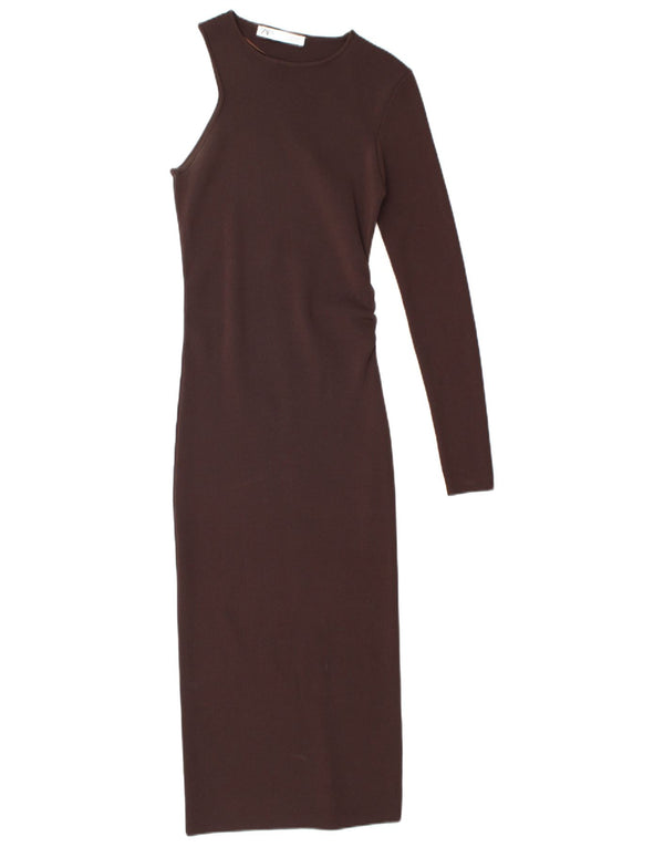 Zara Womens One Shoulder Bodycon Dress UK 10 Small Brown Nylon