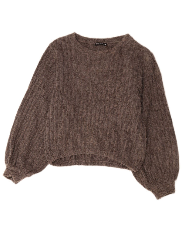Zara Damen Crop-Pullover mit U-Boot-Ausschnitt, UK 14, Mittelgrau, Polyester