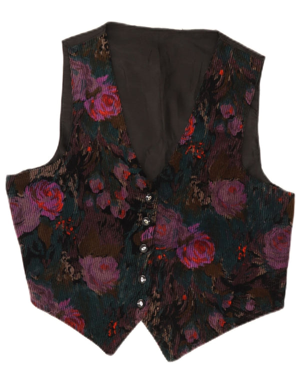 vintage Womens Corduroy Gilet UK 14 Grand Floral Multicolore