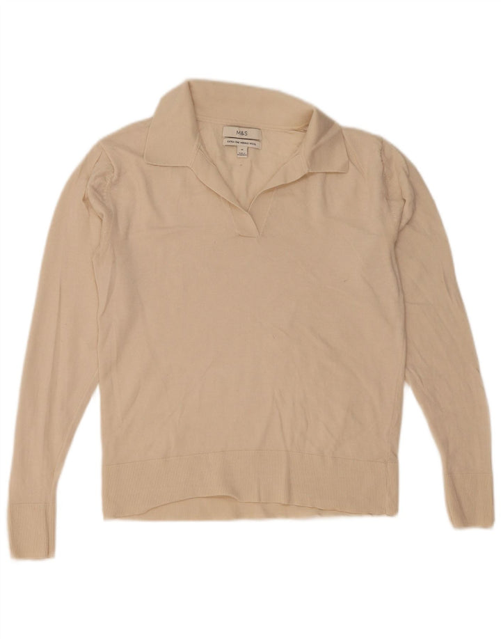 Marks & Spencer Womens Polo Neck Jumper Sweater UK 12 Medium Beige Wool